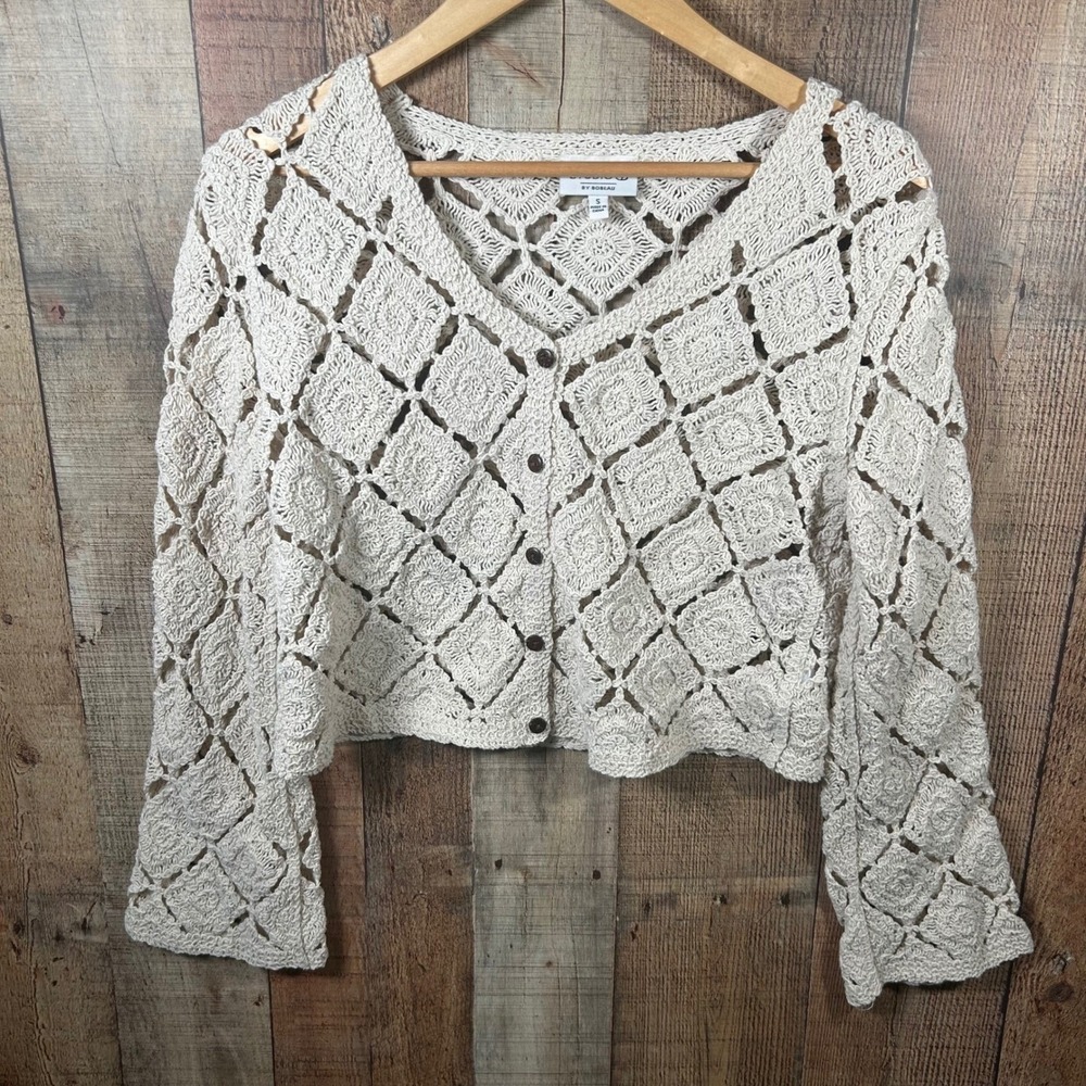 Boho Crochet Cardigan Women Small Oatmeal Diamond Open Knit Cropped Bell Sleeve